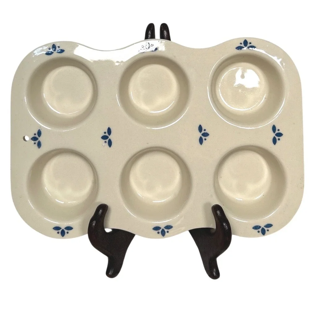 Friendship Pottery Blue Flower Cream Stoneware 6 Cup Muffin Pan Heart Wall Decor - Picture 2 of 5